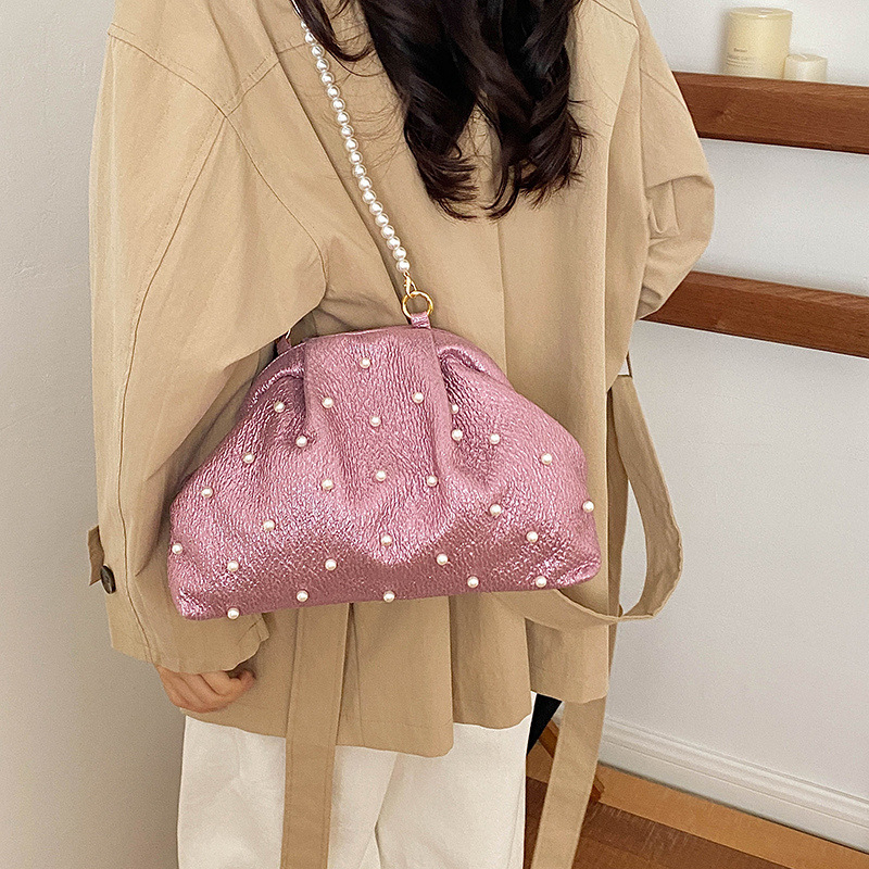 Mini Bag Evening Clutch - กระเป๋าคลัทช์มินิสีชมพูประดับกลิตเตอร์สำหรับผู้หญิง ตกแต่งด้วยลูกปัดมุก กระเป๋าสะพายข้างสำหรับงานแต่งงาน งานเลี้ยง งานพรอม งานดินเนอร์