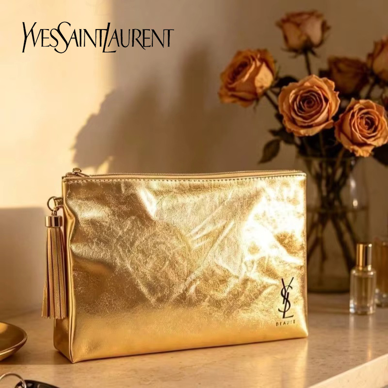 Luxury Bags For Travel - กระเป๋าเครื่องสำอาง YSL สีทอง, กระเป๋าอเนกประสงค์กันน้ำแบบพกพา, สำหรับใช้ในชีวิตประจำวันและการเดินทาง, ของขวัญสุดหรูสำหรับผู้หญิง