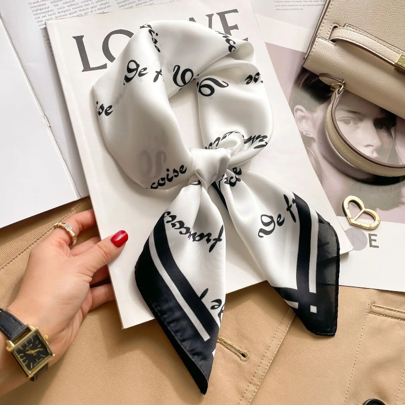 Luxury Bags Duffle - ผ้าพันคอไหมซาตินทรงสี่เหลี่ยมสำหรับผู้หญิง ลายดอกไม้หรูหรา ผ้าพันคอเนคเชอร์ชีฟเนื้อนุ่ม ใช้ได้หลากหลาย ใช้เป็นที่คาดผม ผูกกระเป๋า